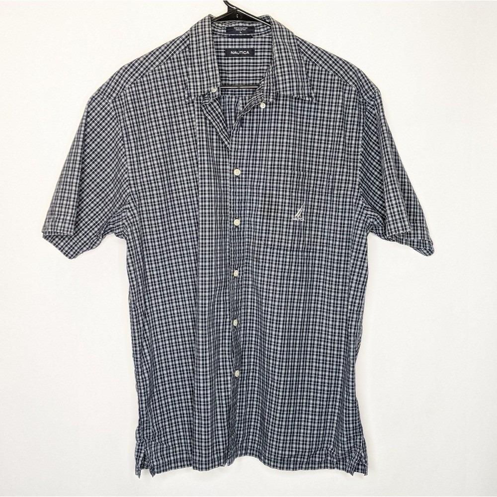 Nautica Mens Blue White Plaid Check Short Sleeve Button Down Shirt Large L - Picture 5 of 11